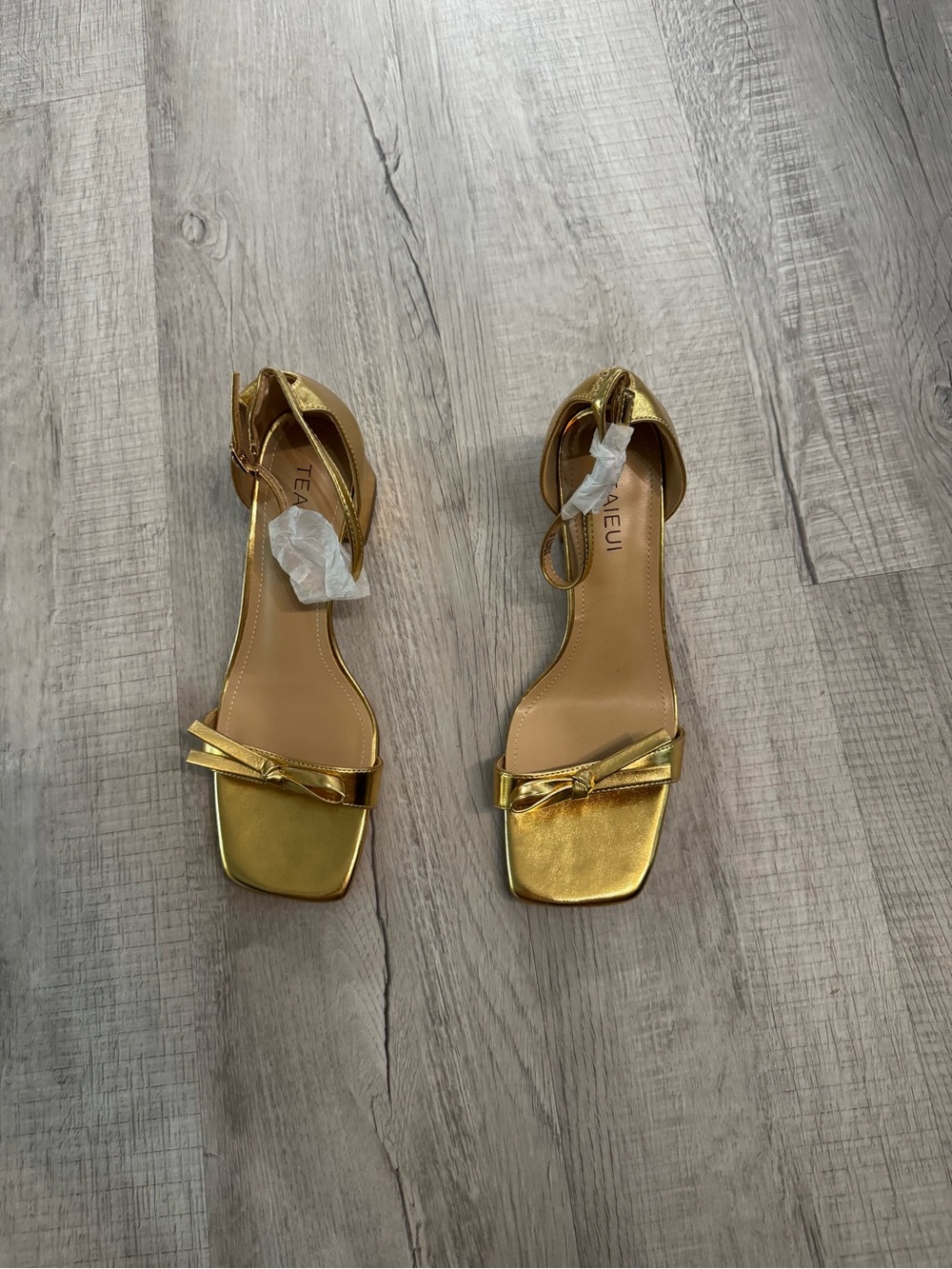 Metallic Gold Ankle-Strap Sandals with Bow Accent